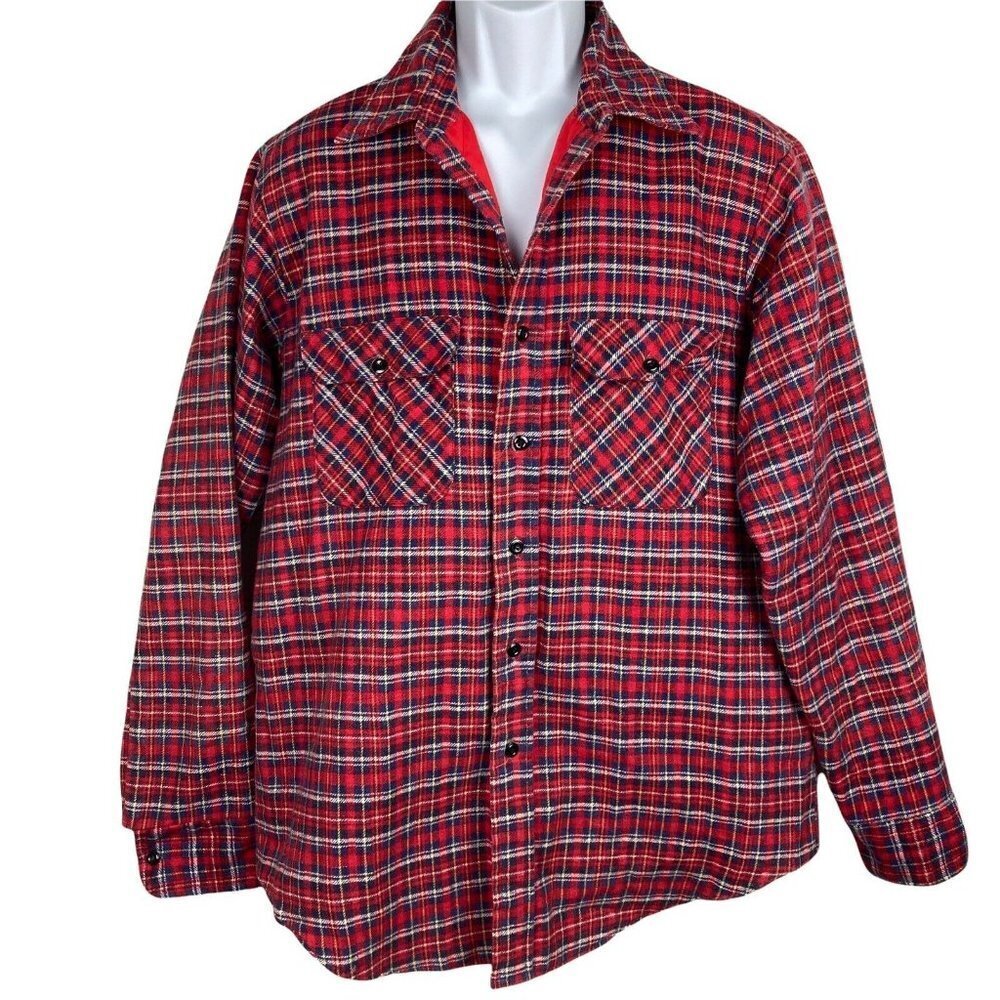 Vintage JC Penny Red Plaid Flannel Shacket L Tall Mens Quilted Lining Jacket